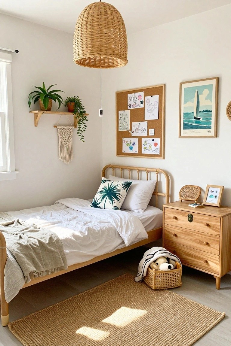A bright bedroom featuring a wooden bed with white linen bedding, a large woven rattan pendant light, a wooden dresser, and houseplants arranged on a wall shelf.