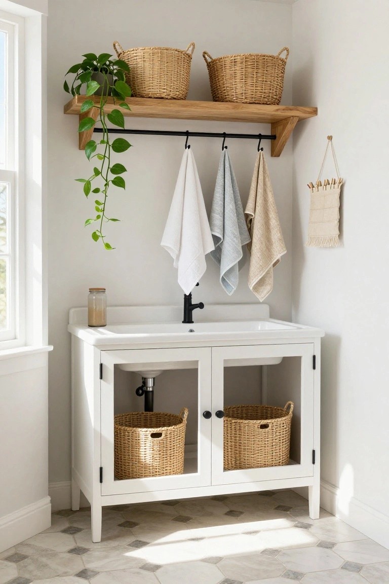 A bathroom vanity with a wooden shelf above holding two woven baskets, a black rod with hanging towels, and a trailing potted plant on the left.