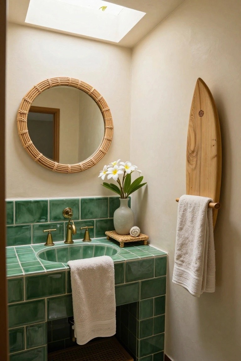 A bathroom with green tiled walls and sink, a round rattan mirror above the faucet, a wooden surfboard mounted on the adjacent wall with a towel, and white flowers in a vase on the counter.