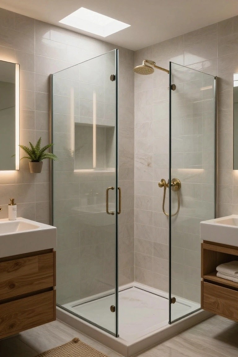 A bathroom with a frameless glass shower enclosure, gold fixtures, dual floating wood vanities with white sinks, and a skylight in the ceiling.