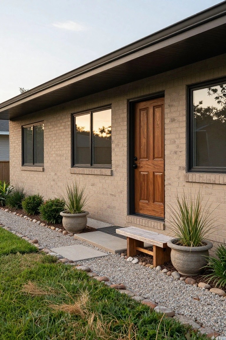 A single-story brick ranch home with a wooden front door, black-framed windows, and gravel landscaping featuring potted plants and a wooden bench near the entrance.