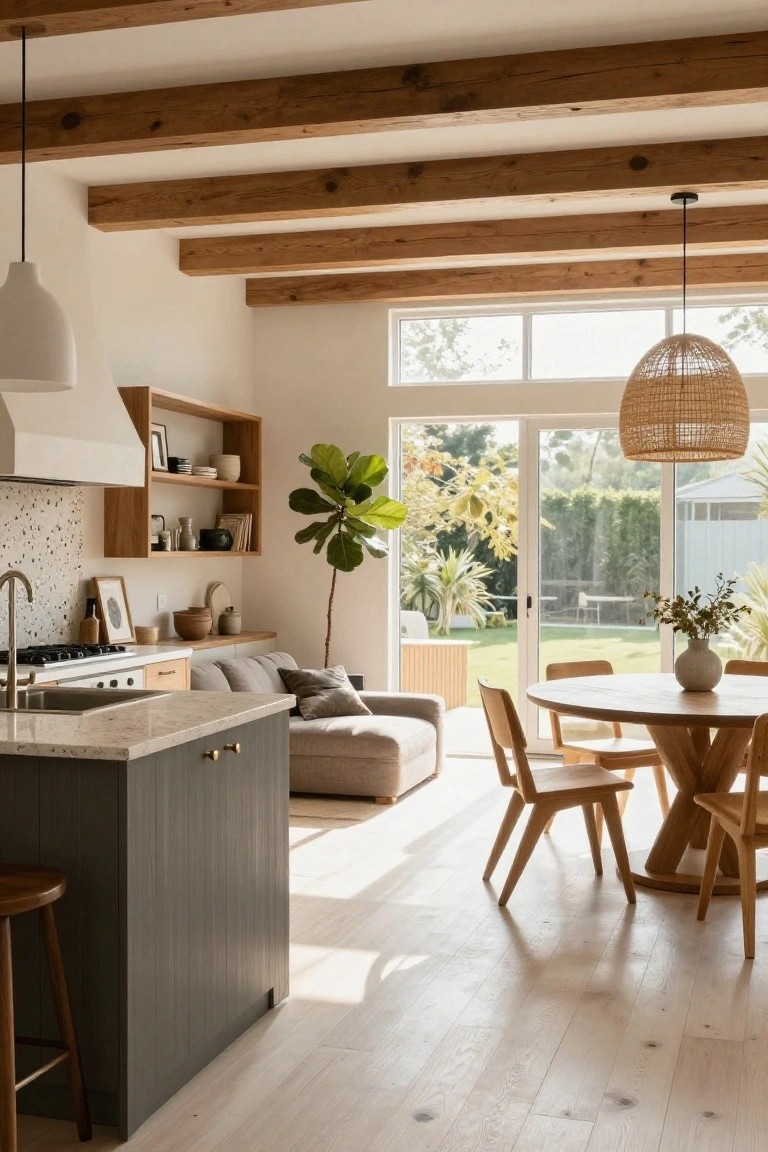 Modern open-plan kitchen and dining area with wooden beams and island