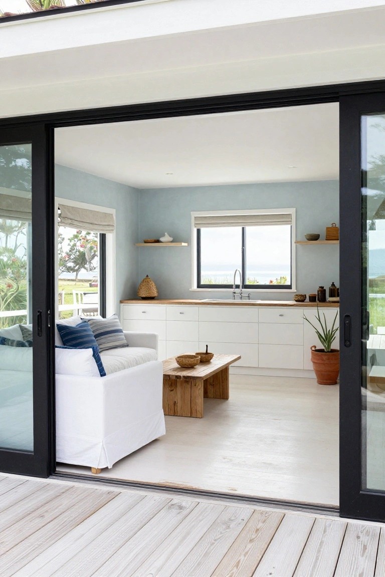 An open living space with a white sofa, wooden coffee table, and kitchen counter opens through large black sliding glass doors onto a light wooden deck.