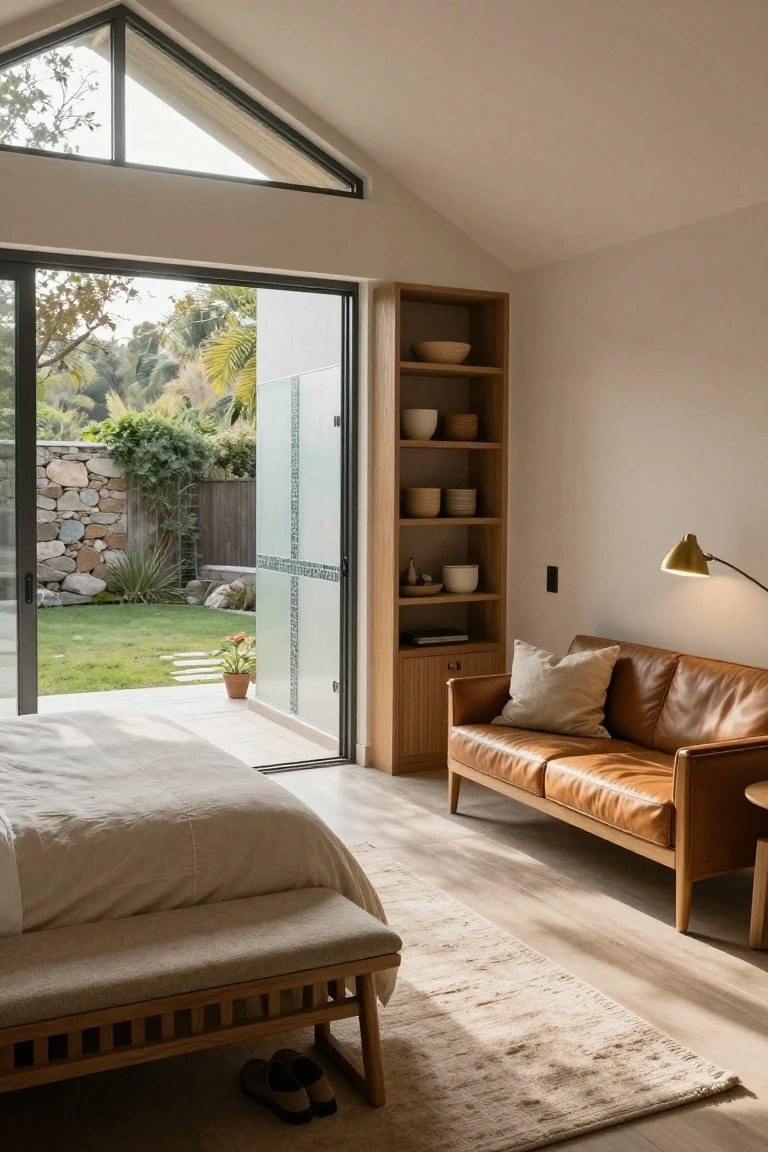 A bedroom interior with a sloped ceiling, large glass doors to a garden, a wooden bed with bench, brown leather sofa, built-in wooden shelves, and a rug on the floor.