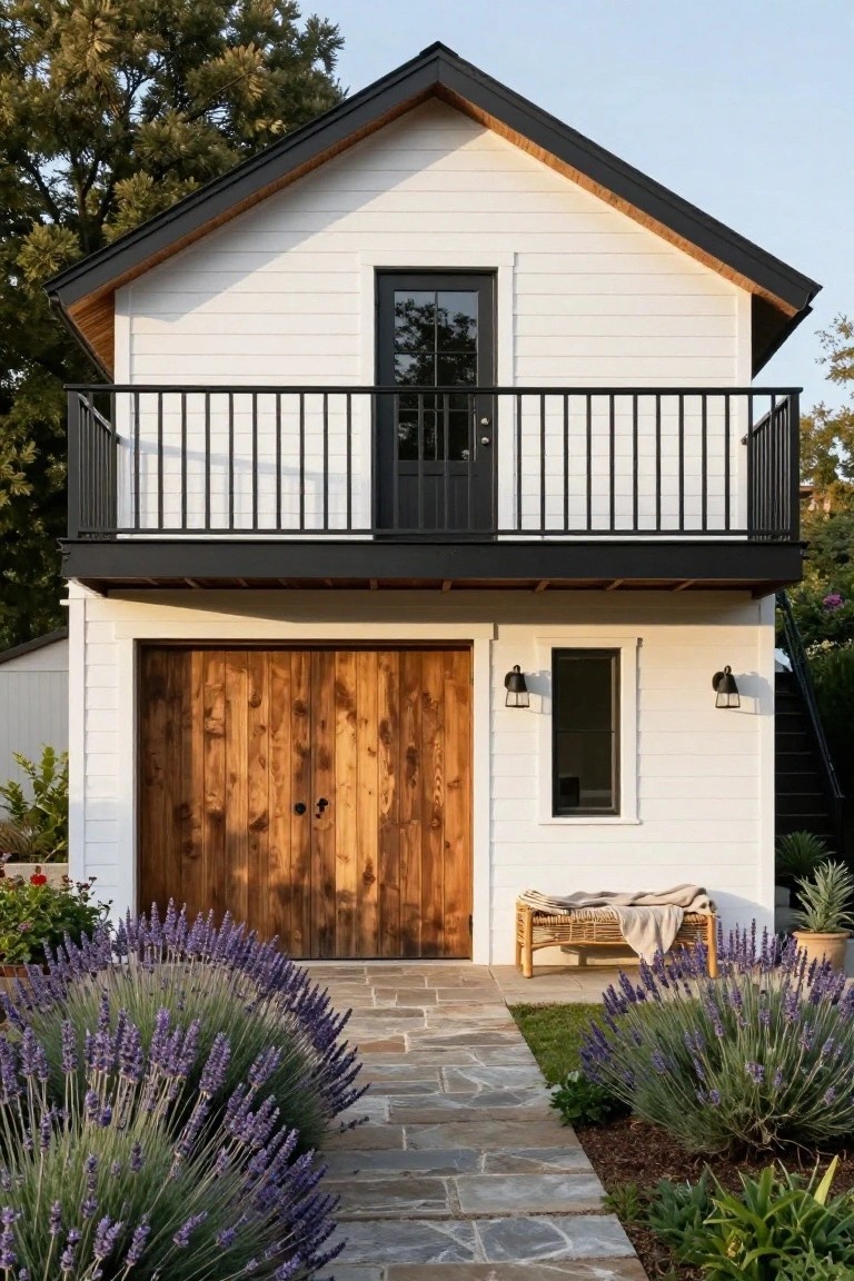 A two-story white house with black trim, a wooden garage door, and a black-railed balcony projecting over the garage.