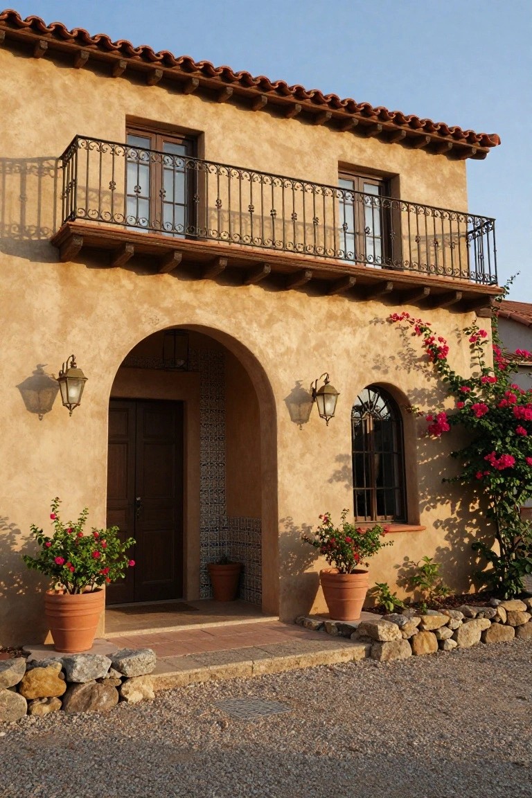Mediterranean house with arched entry, wrought-iron balcony, potted flowers, and climbing roses