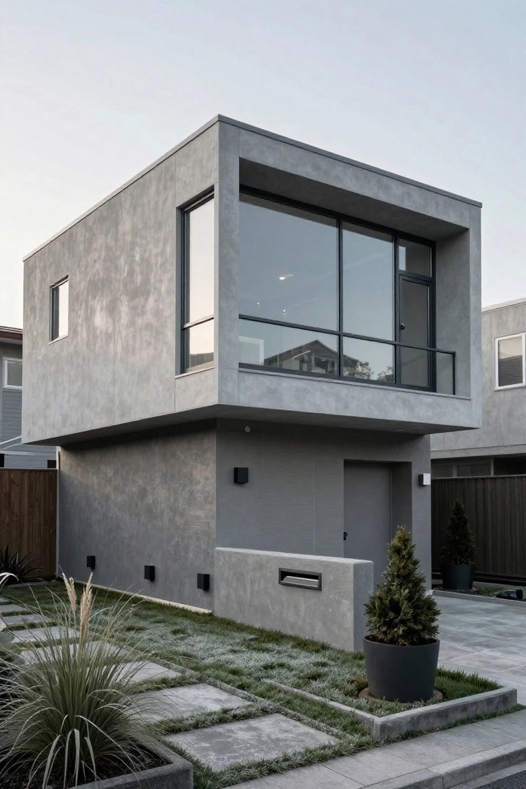 A two-storey modern concrete house with a cantilevered upper level featuring large windows and a balcony, viewed from the front yard with pavers and plants.