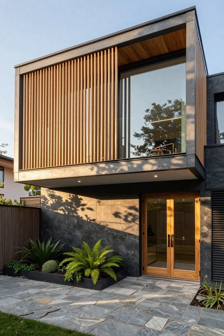 Modern house with cantilevered wooden slats above stone entry and glass doors.
