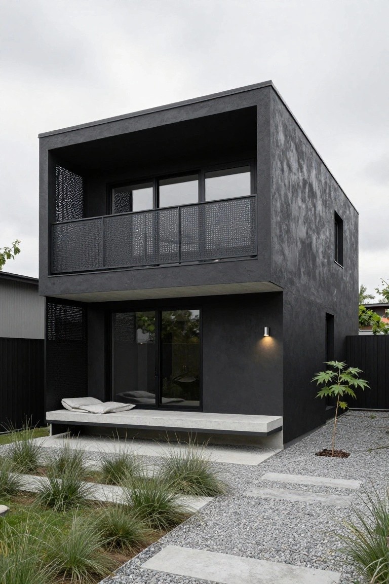 A two-storey modern house with dark gray walls, a large metal mesh balcony on the upper level, and a concrete bench at ground level.