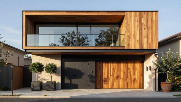 Modern two-storey house facade with a projecting upper level clad in wood, a glass balcony railing, and a wooden garage door below.
