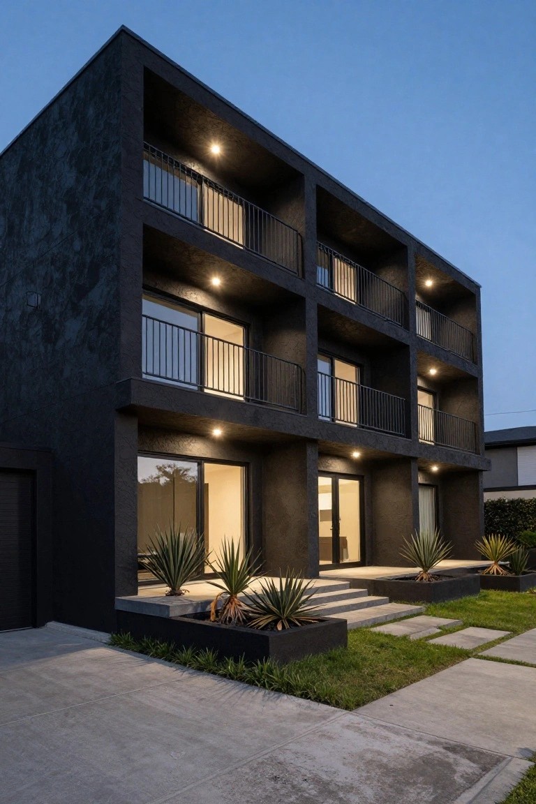 Modern dark apartment building with balconies, lit windows, and agave plants at dusk