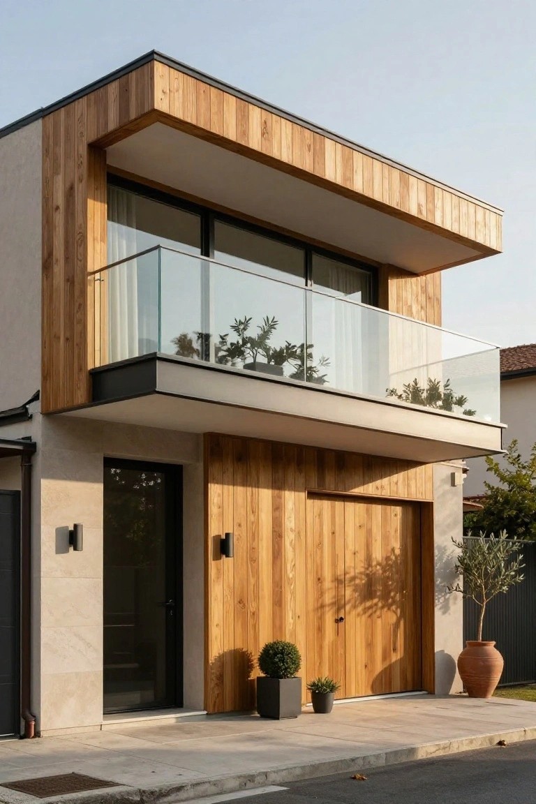 Modern two-storey house facade with a projecting upper level clad in wood, a glass balcony railing, and a wooden garage door below.