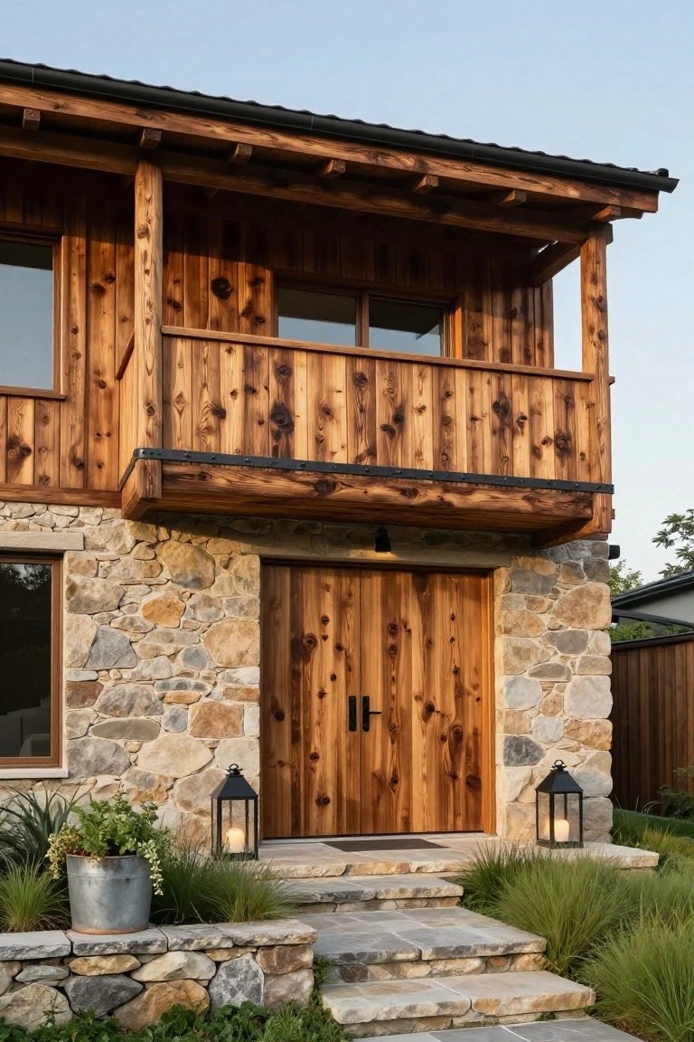 A two-storey house exterior with a stone base, wooden siding above, double wooden entry doors, and a projecting wooden balcony directly overhead.