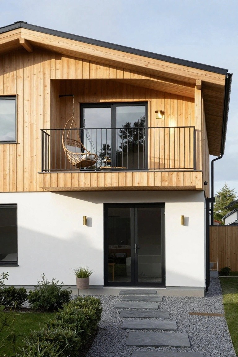 Modern wooden house with balcony, hanging chair, black doors, and stone path