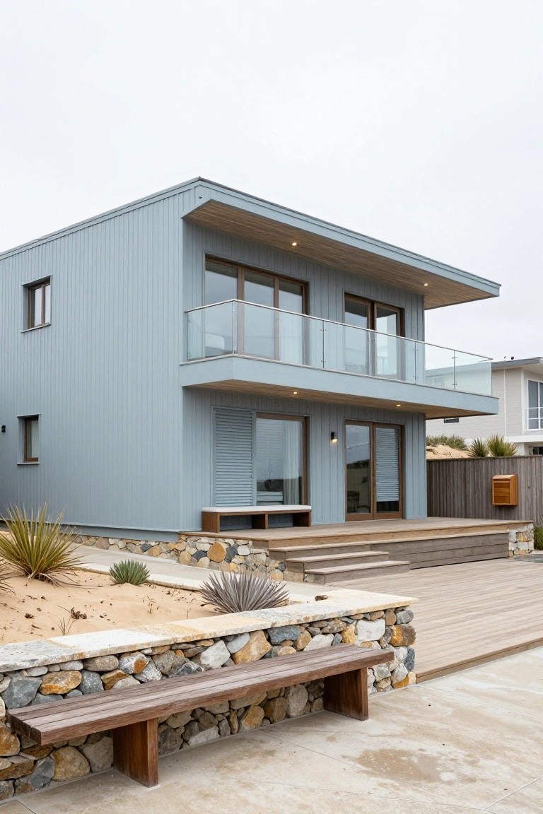 Two-storey modern house with light gray vertical siding, a projecting upper balcony with glass railing, stone base, and wooden deck.