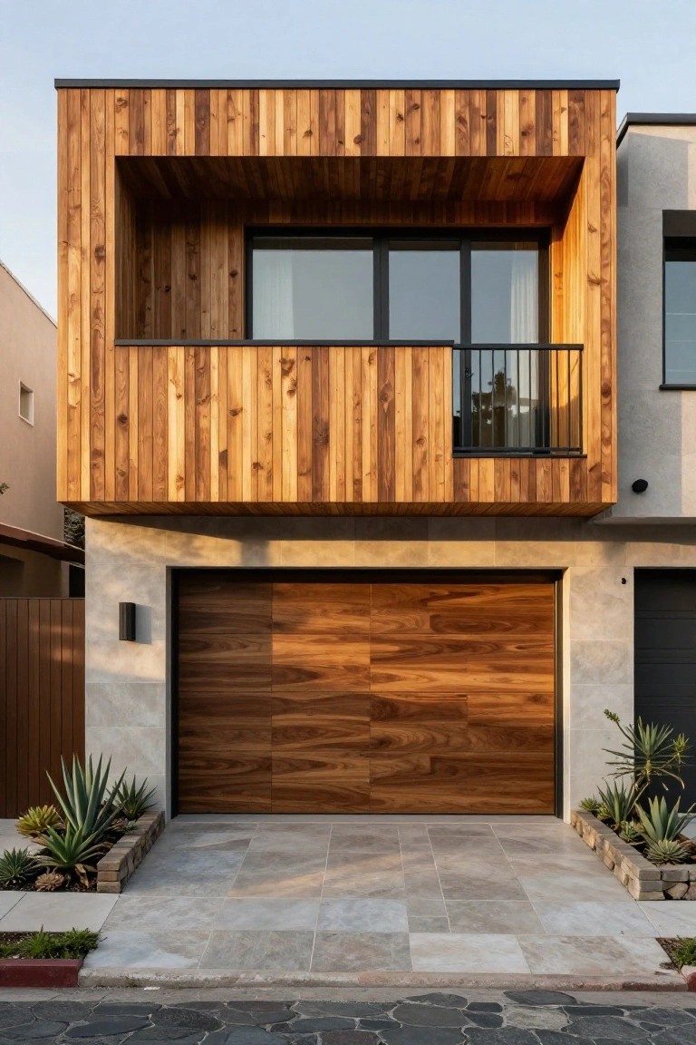 Modern wooden house with large garage door, upper balcony, and stone driveway.