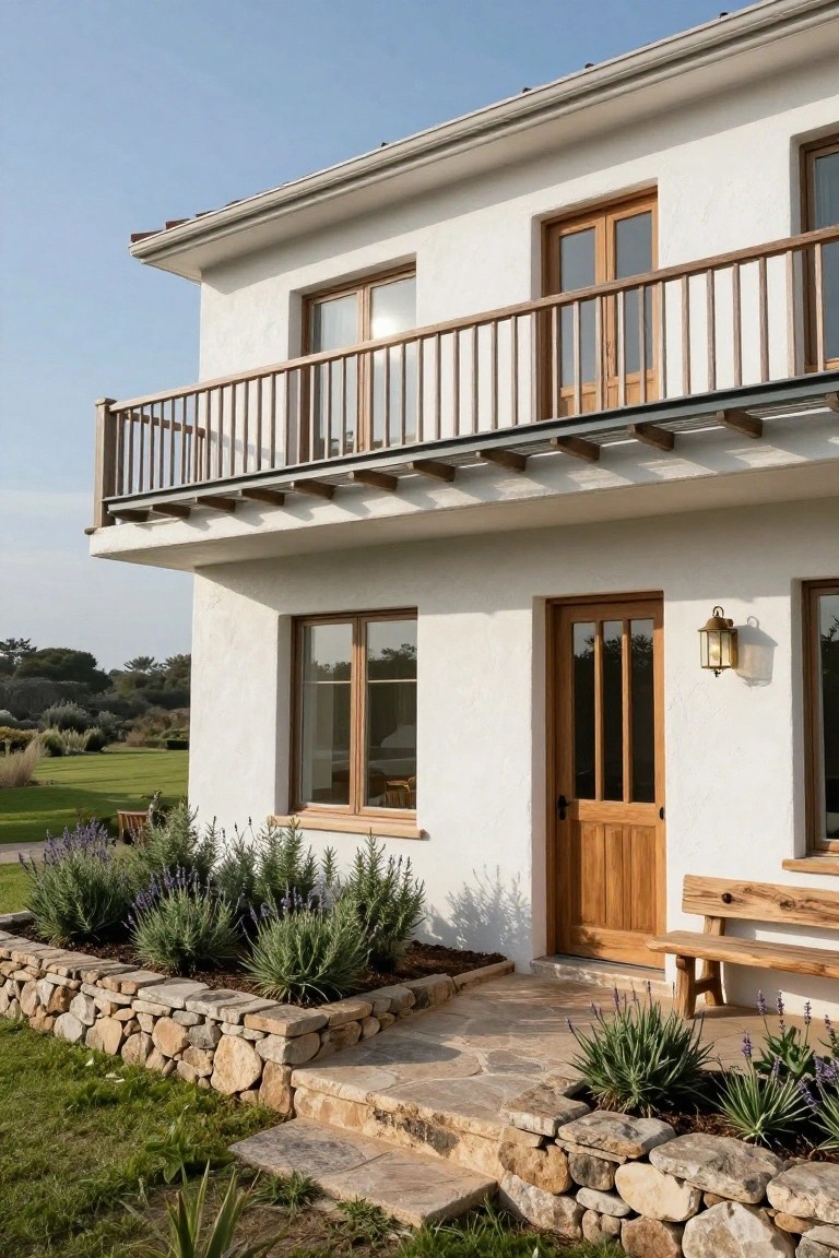 A two-storey white house with a wooden balcony on the upper level, wooden windows and door below, and stone garden edging at the base.