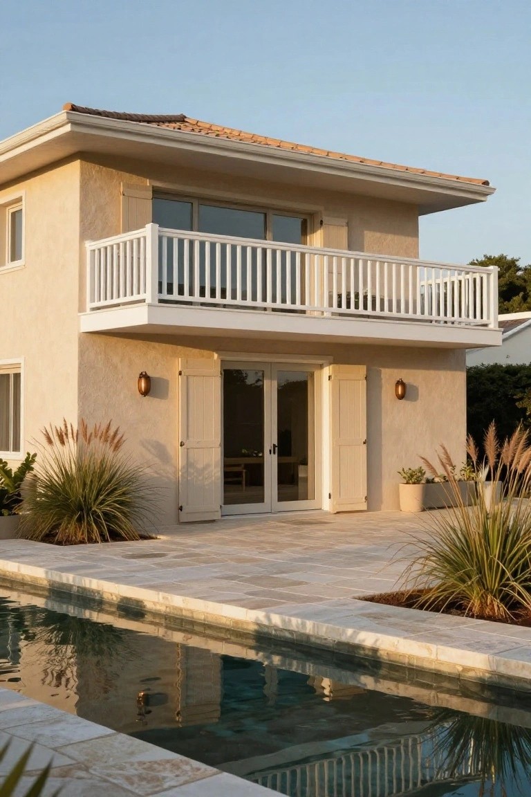 A two-storey stucco house with a white projecting balcony above double doors and a stone patio beside a swimming pool.