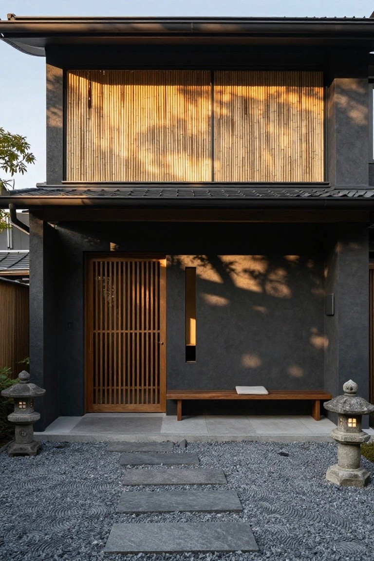 A two-storey modern house with dark walls features vertical bamboo screening across the upper level above a covered entry porch with a wooden door and bench.