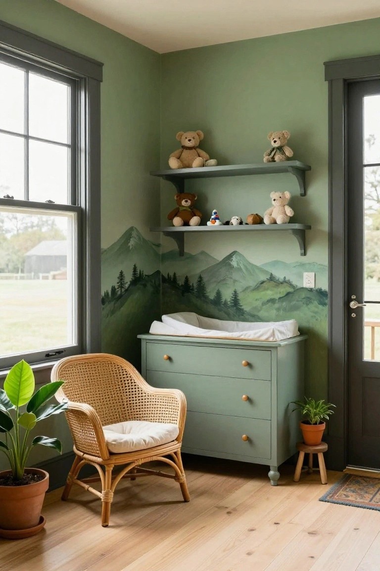Cozy nursery with sage green dresser, teddy bears on shelves, mountain mural, rattan chair