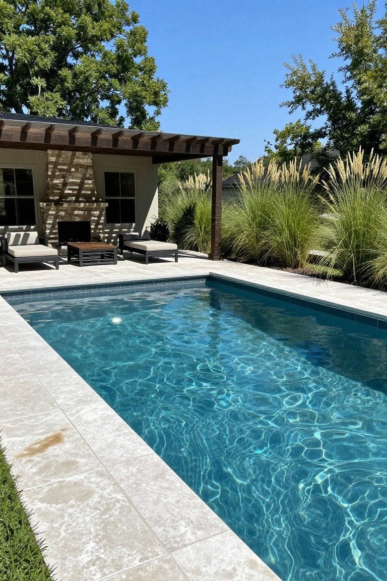 A rectangular swimming pool with light stone decking, a wooden pergola with seating and a fireplace on one side, and tall ornamental grasses in the background.