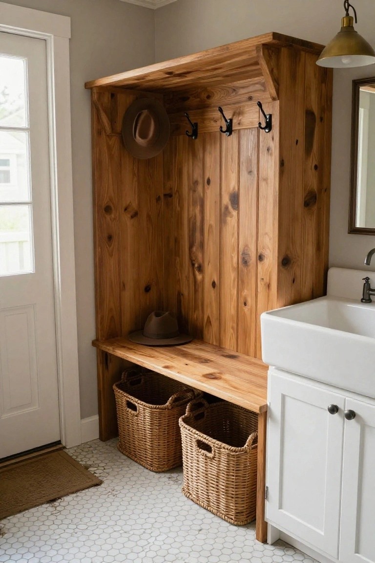 A wooden built-in bench and wall unit with hooks, hats, and woven baskets under the bench next to a white door and sink area.