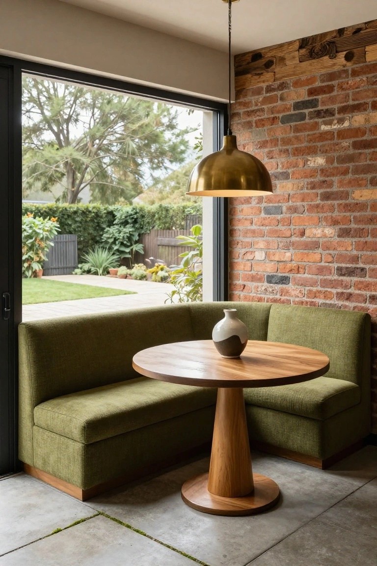 Green corner booth with round wooden table, vase, and brass pendant light by brick wall