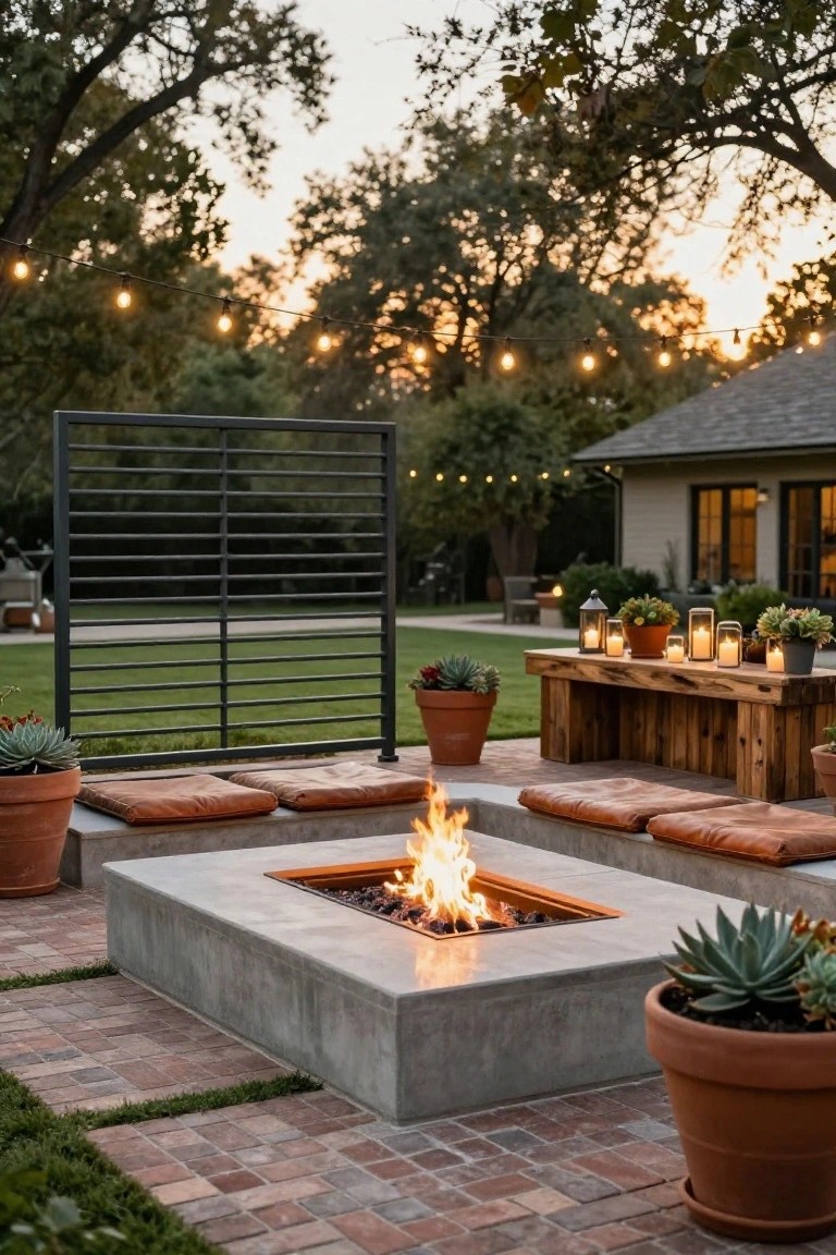 A square concrete fire pit with active flames is surrounded by built-in seating with brown cushions on a brick patio, with a wooden table, potted plants, string lights, and a metal privacy screen in the background.