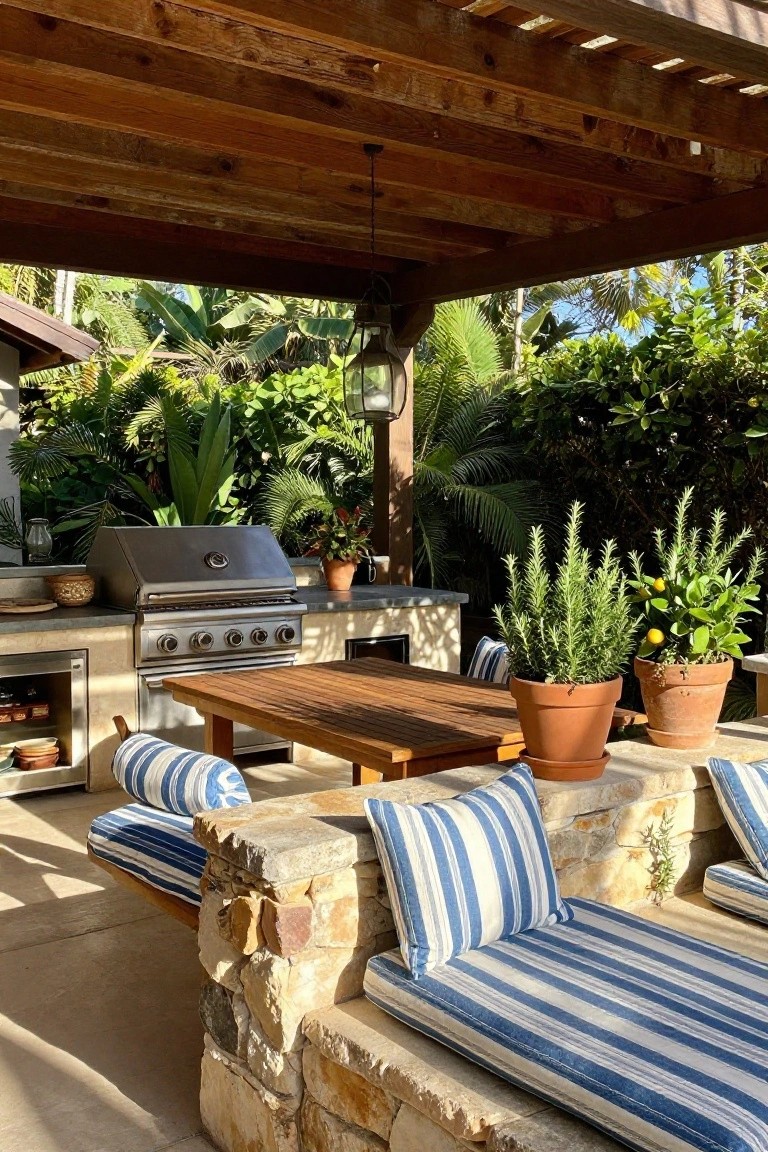 A covered patio with stone built-in seating topped with blue striped cushions, a wooden dining table, a stainless steel grill, and potted plants under a wooden pergola.