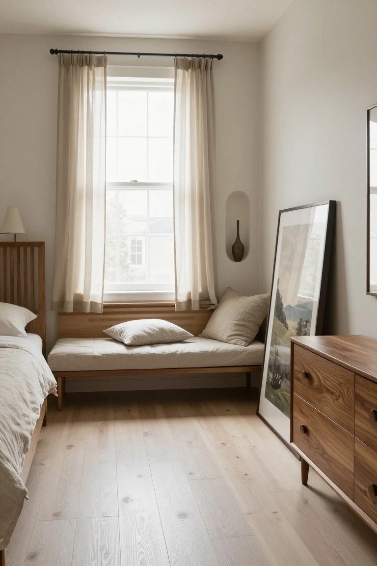 A bedroom with a wooden daybed positioned under a large window with sheer curtains, a framed artwork leaning nearby, and light wood flooring.