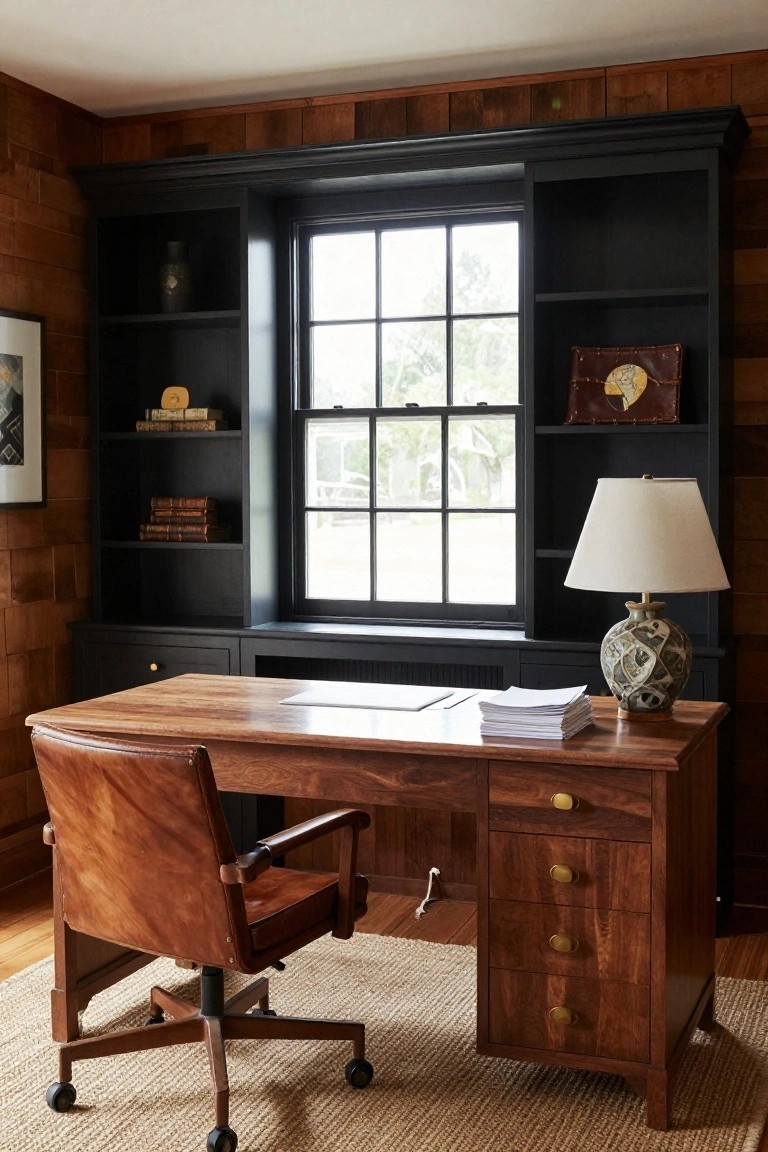 A wooden desk with a brown leather chair faces a large black built-in unit with shelves flanking a multi-pane window in a wood-paneled room.