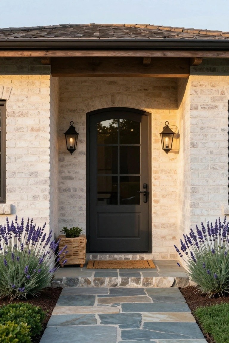 Front entrance of a light stone house with a dark arched door, two wall lanterns, and lavender plants on both sides of the steps.