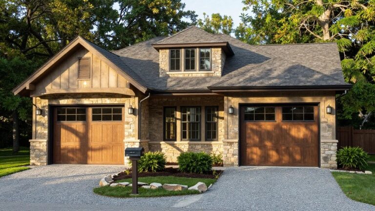 A two-story house with a stone facade, wooden garage door on the left, and an arched entryway on the right with a gravel driveway in front.