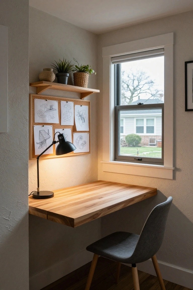 A wooden floating desk with a black lamp and gray chair is mounted in a corner below a corkboard filled with drawings and a window.