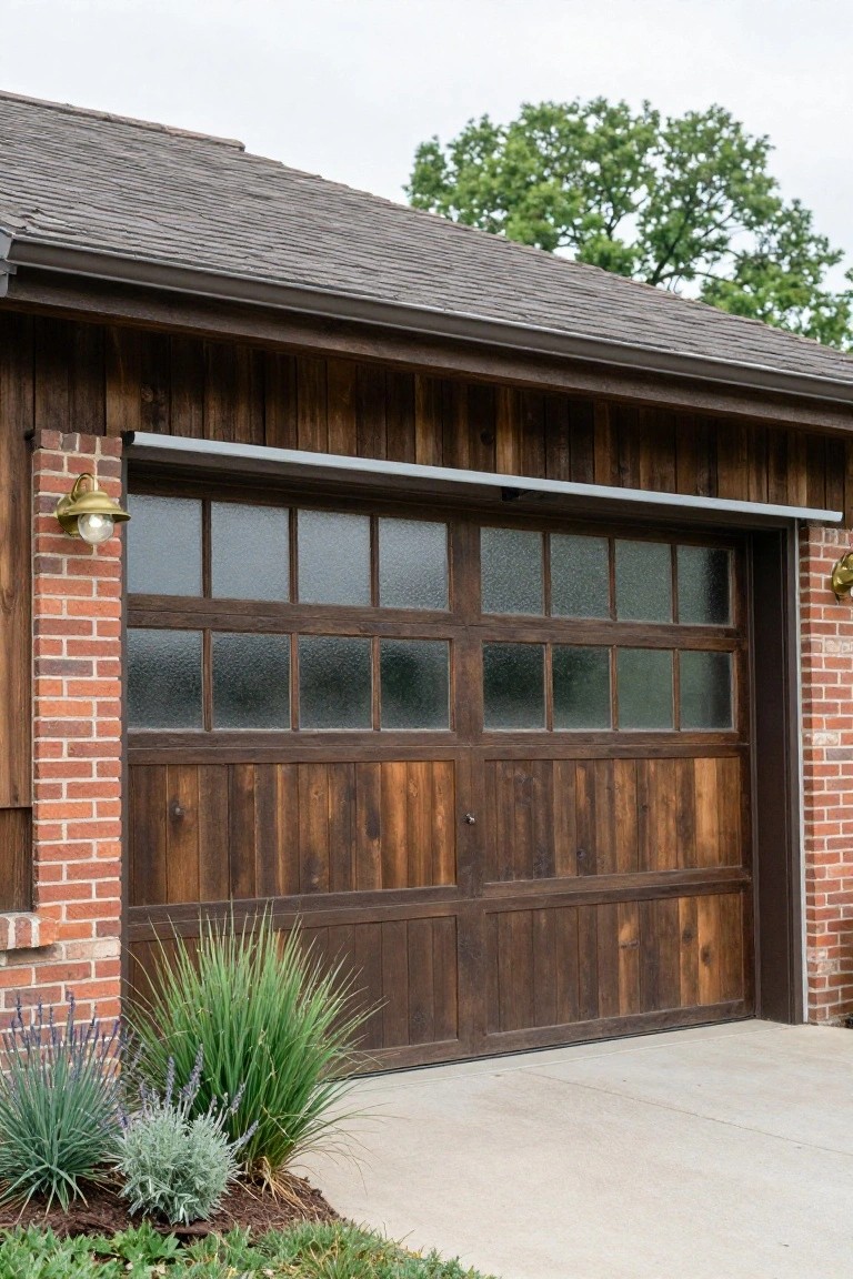 Dark wood garage door with upper glass panels installed on a wood-sided house with brick columns on either side and low plantings in front.