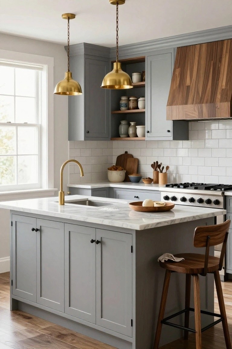 A kitchen with gray cabinets, a marble-topped island, brass pendant lights, a wooden range hood, and a wooden bar stool.