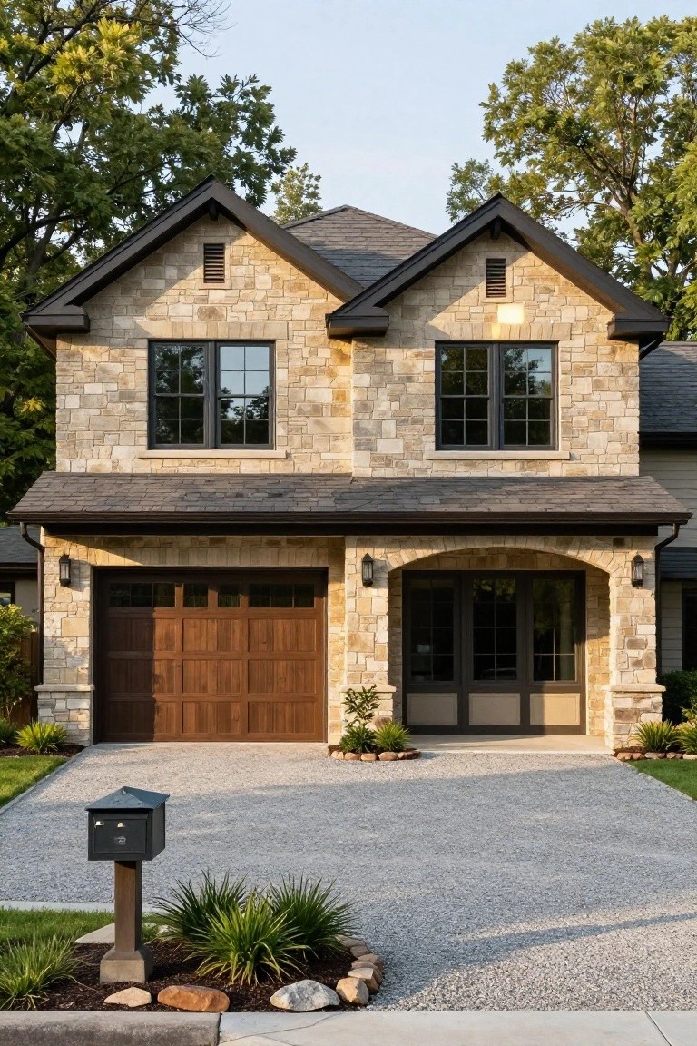 A two-story house with a stone facade, wooden garage door on the left, and an arched entryway on the right with a gravel driveway in front.