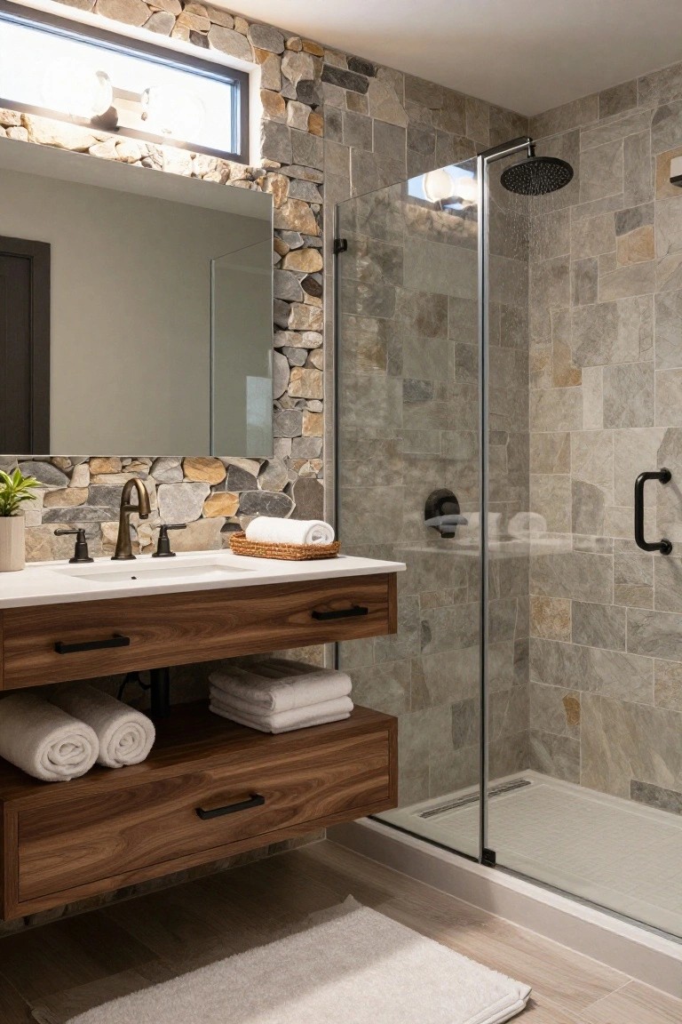 A bathroom interior with a floating dark wood vanity, white countertop, large mirror, and an adjacent glass shower enclosed by gray stone tile walls.