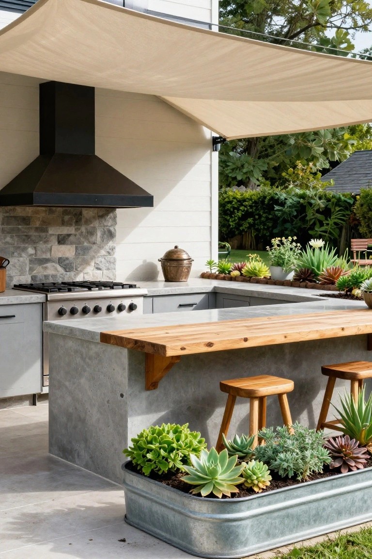 An outdoor kitchen with a concrete island topped by a wooden bar counter, two wooden stools, a black range hood, and a beige shade sail above, with succulents planted in a galvanized metal trough at the base.