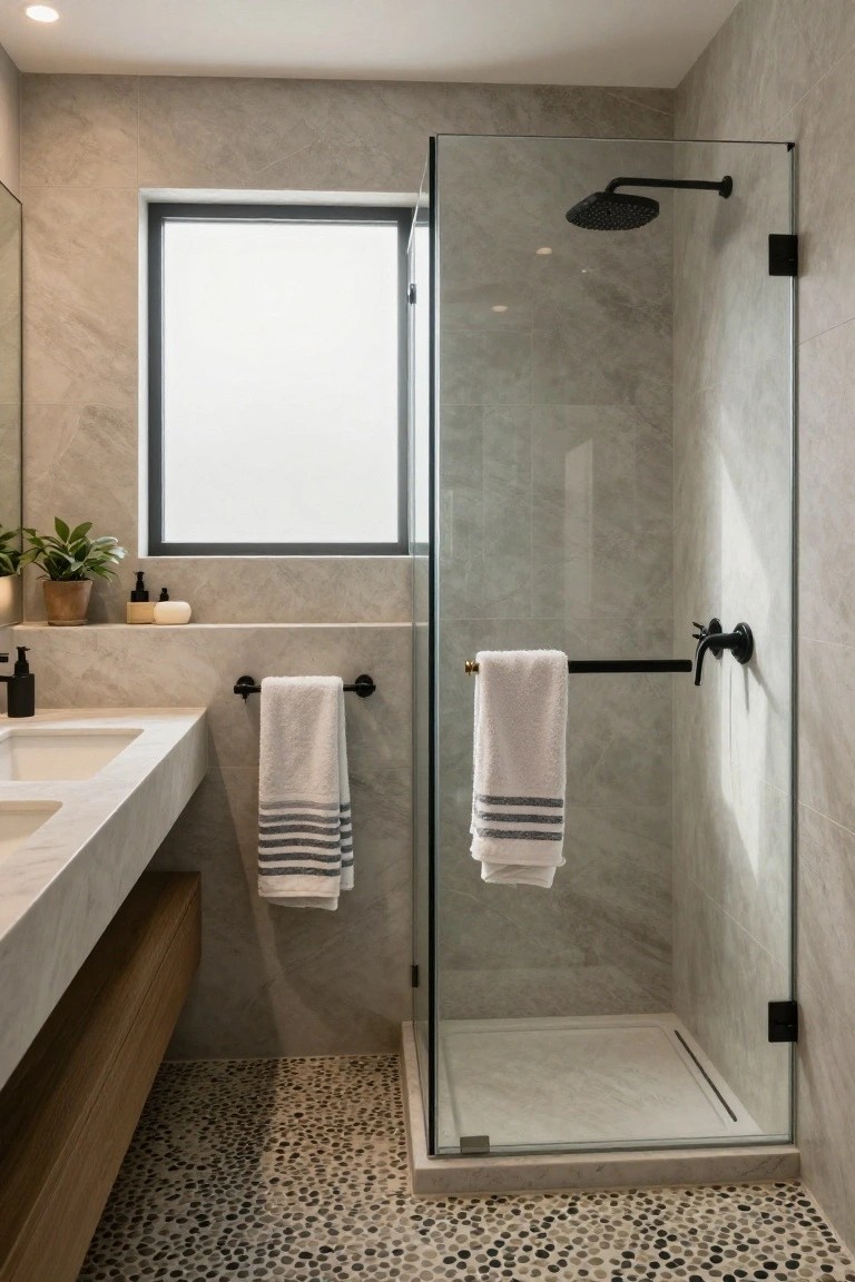 A modern bathroom with a glass shower enclosure, black fixtures, white towels, a marble vanity, and a pebble mosaic floor.