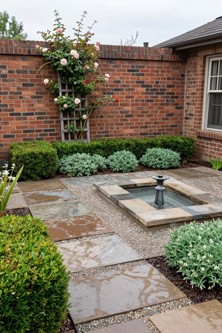 Garden with rose trellis on brick wall, stone fountain, and paver paths