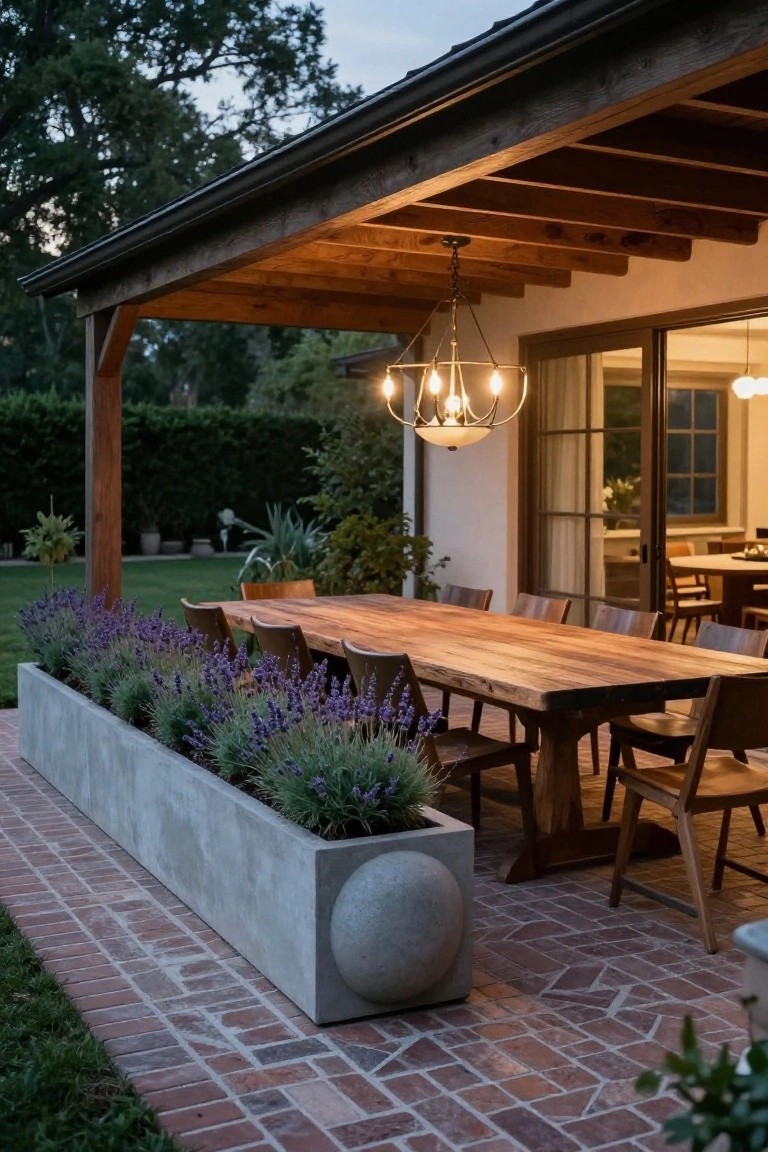 A long wooden dining table on a brick patio under a wooden pergola, with a concrete planter filled with lavender running parallel to one side and a chandelier overhead.