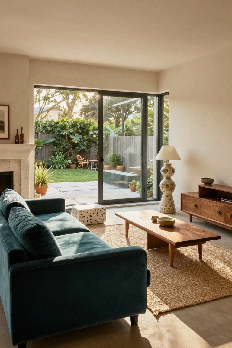 A living room with a teal sofa, wooden coffee table, and large sliding glass doors opening to a garden patio.