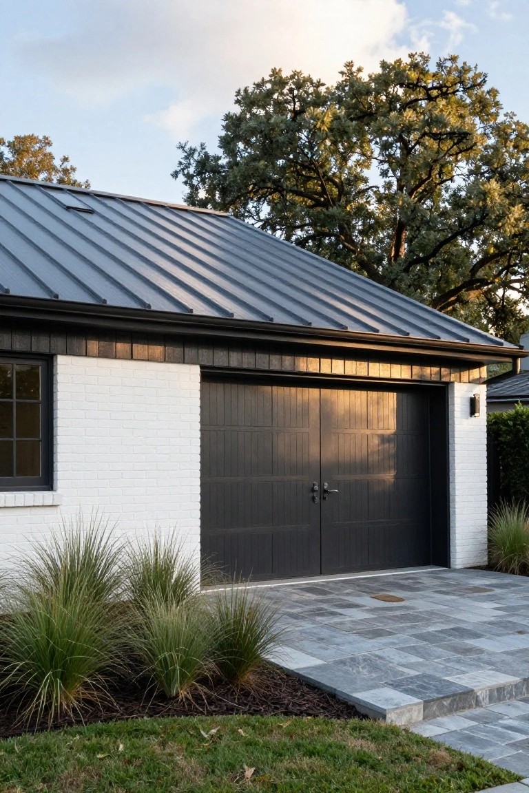 A white brick ranch home with a dark metal roof and a dark two-car garage door, seen from the front with landscaping in front.