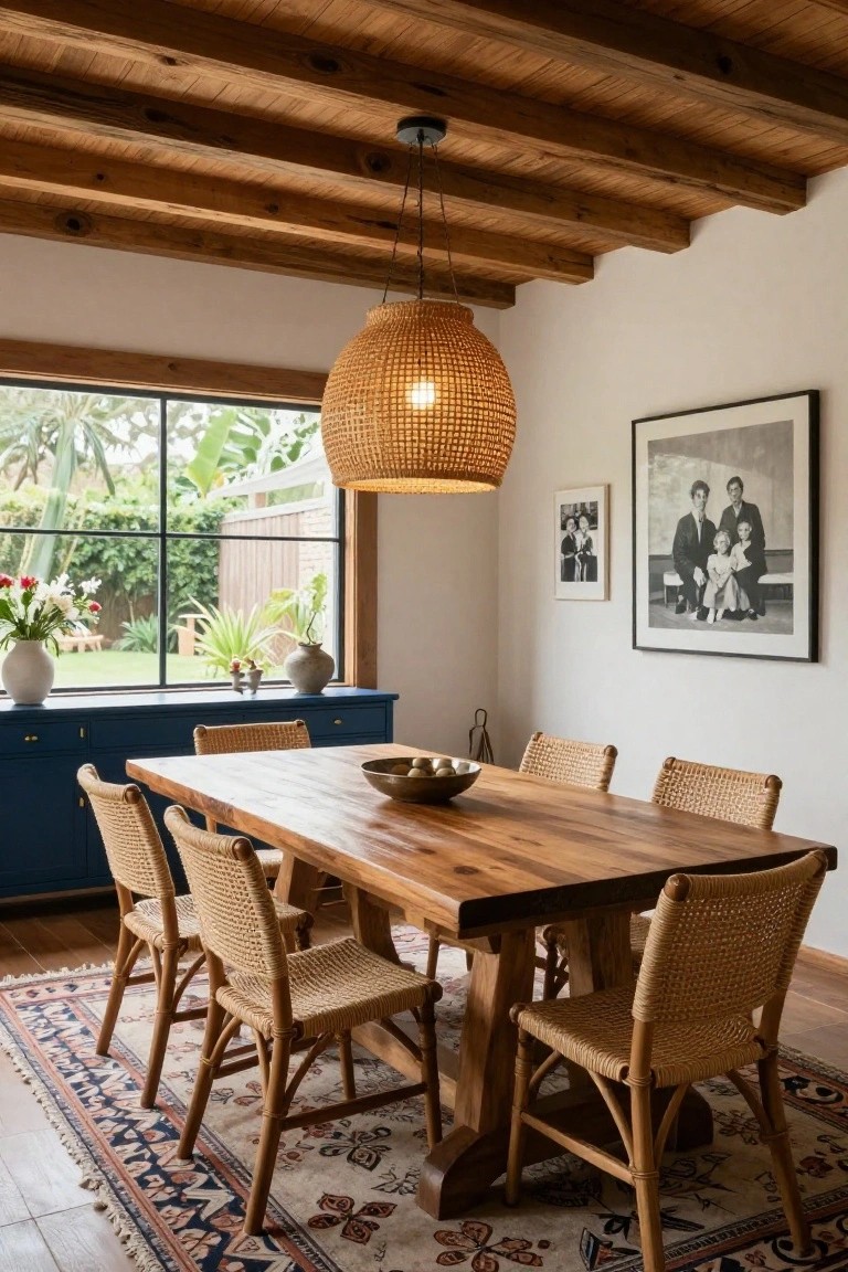A dining room featuring a large wooden table with woven rattan chairs, a woven pendant light, a blue sideboard, and framed photos on the wall.