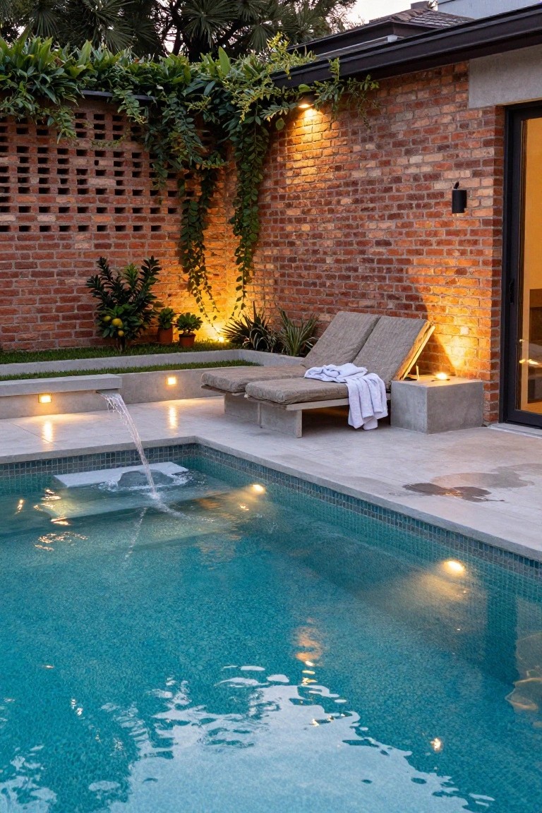 Swimming pool with lounge chairs against illuminated brick wall with hanging plants