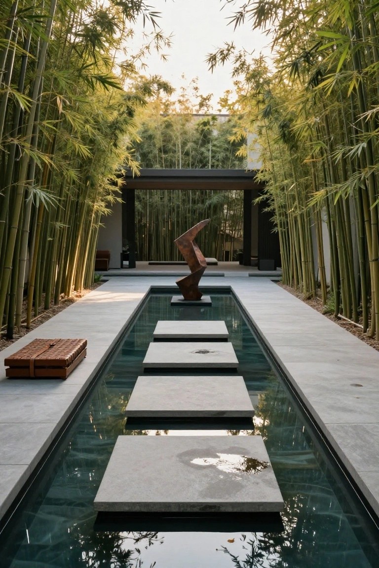 A narrow modern pool with stone stepping stones running through it, flanked by tall bamboo groves and a sculptural piece at the far end.
