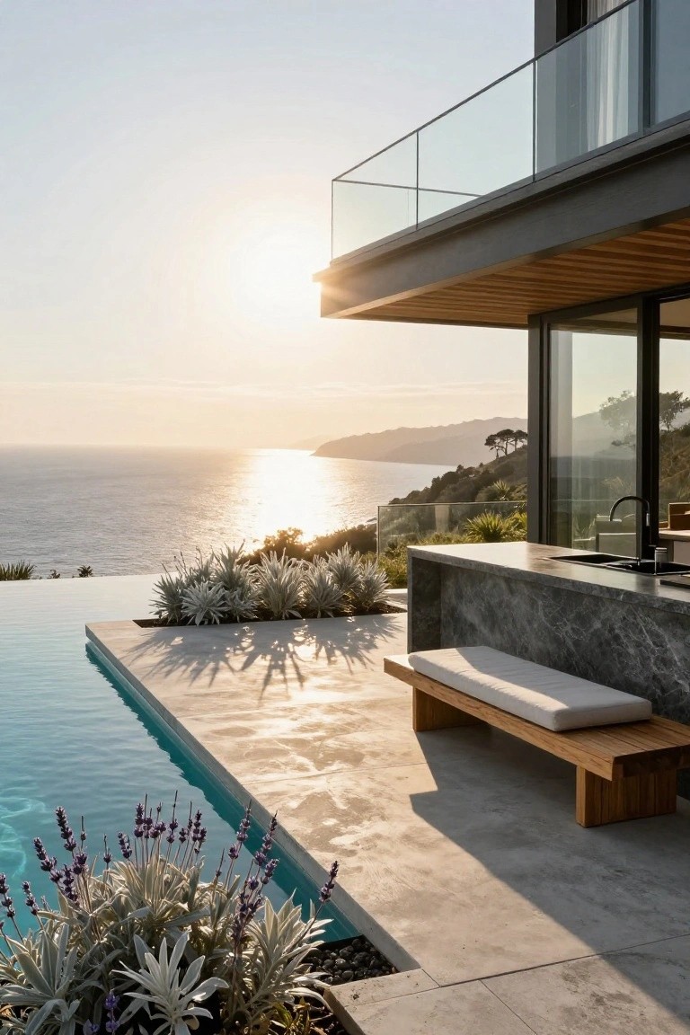 A modern villa terrace with an infinity pool, concrete deck, wooden bench with white cushion, and stone outdoor kitchen counter overlooking the ocean at sunset.