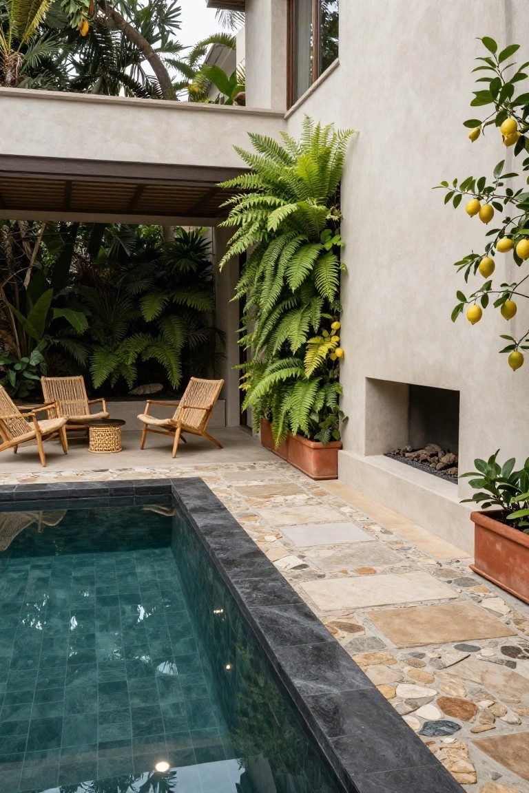 A modern pool terrace with dark stone coping, mixed stone paving, woven chairs, large ferns in terracotta pots, and a built-in fireplace set into a stucco wall.
