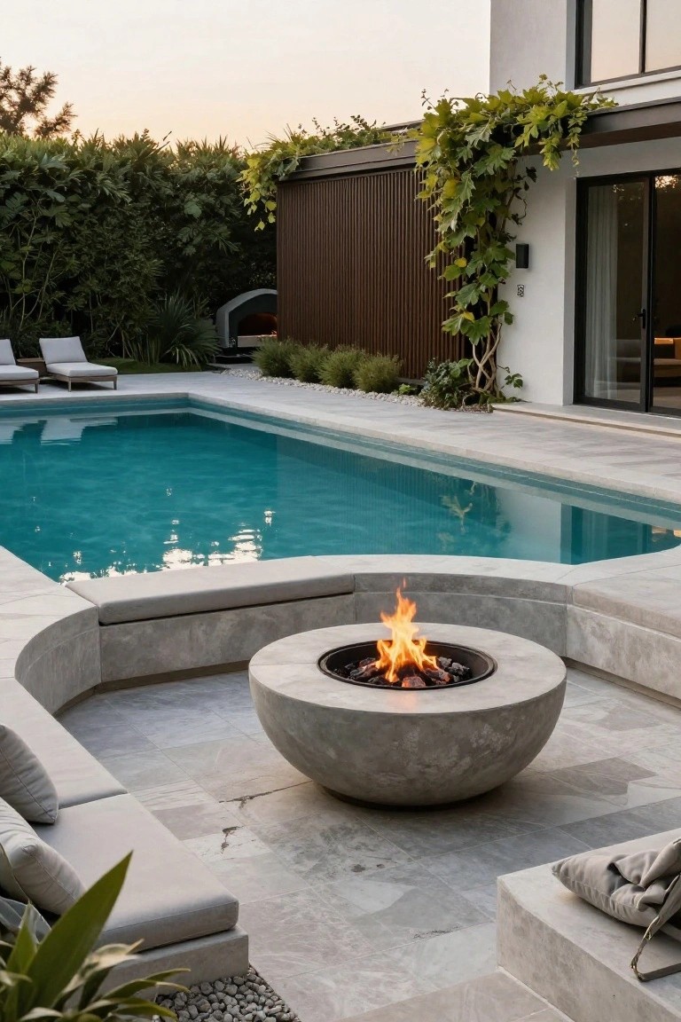 A circular concrete fire pit with burning wood sits inside a curved built-in seating area on a tiled patio next to a swimming pool, with modern house walls and greenery in the background.